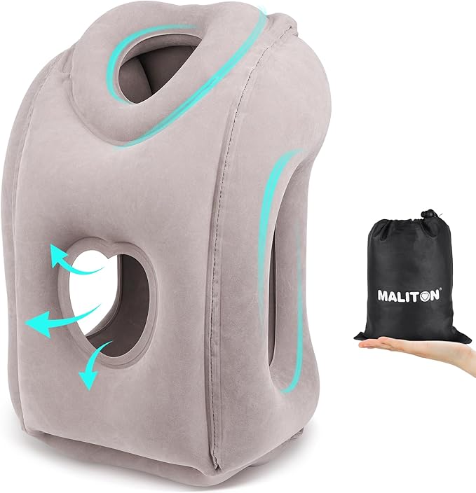 Maliton Inflatable Travel Pillow for Airplane Comfortable Sleeping to Relieve Neck and Shoulder Pain, Support Head Inflatable Pillow for Long Flights, Used for Airplanes, Cars, Trains, Office (Grey)