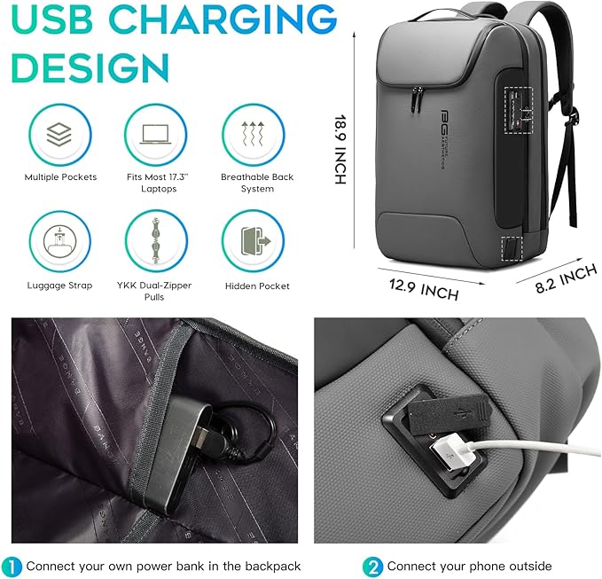 BANGE Anti-Theft Backpack with USB Charging Port for Men, 17.3 Inch Business Laptop Backpack, TSA Approved Lock & Waterproof Zippers, Large Travel Computer Bag