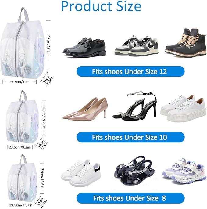 SelfTek Shoe Bags for Travel, 3 Pack 3 Size Double-Sided Zipper Shoe Bag for Men & Women, Waterproof Portable Shoe Storage Pouch with Handle, Family Travel Accessories