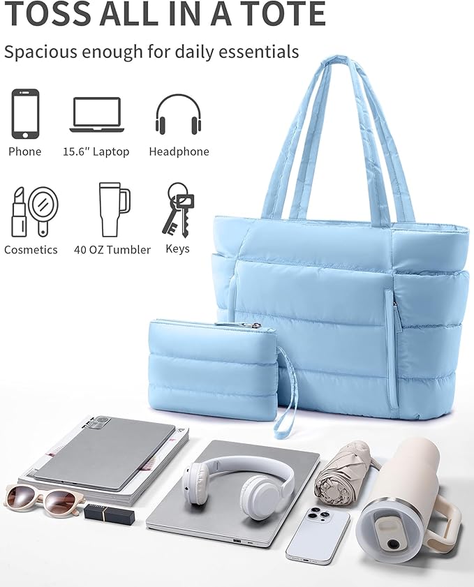 Bagstellar Puffer Tote Bag for Women, Lightweight Puffy Work Handbag Teacher Nurse Quilted Shoulder Bag for School Travel Gym | Cloud Bag w/ Zipper, Daily College Bags, 15.6" Computer Bag, Clinical Nursing Bag, 40 OZ Tumbler Holder, Ideal Gift for Women