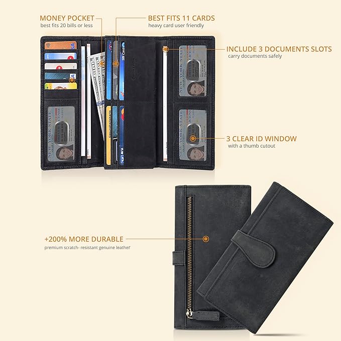 Real Leather Women Wallet Leather with RFID Blocking -Trifold Card Holder Designer Ladies Clutch with ID Window Wallets