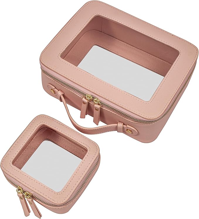 LETGO 2 Pcs Clear Makeup Bags with Zipper Toiletry Bags for Car Essentials Cosmetic Purse Pouches PVC Transparent Storage Pouch Travel Portable Car Organizer for Women Gift (Mini+Large Nude)