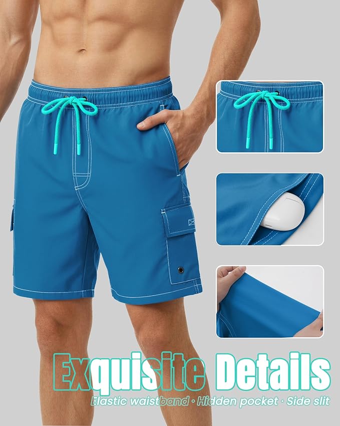 Men Swim Trunks with Compression Liner Quick Dry Breathable Multi Pockets for Summer Beach Cruise Water Park