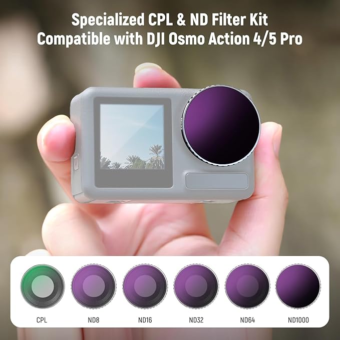 NEEWER CPL & ND Filter Compatible with DJI Osmo Action 4/Action 5 Pro (6 Pack), Screw On CPL+ND8+ND16+ND32+ND64+ND1000 Filter Kit Action Camera Accessories Multicoated HD Optical Glass, FL-A13