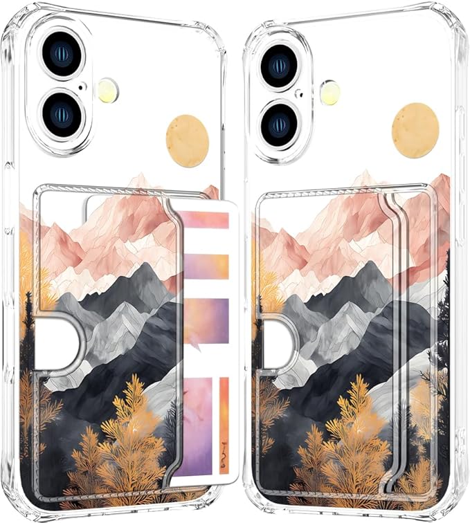 Compatible with iPhone 16 Plus Case Card Holder for Women Cute Design,Wallet Phone Cases Transparent Cool Kawaii Protective (Clear Mountain Hill Landscape)