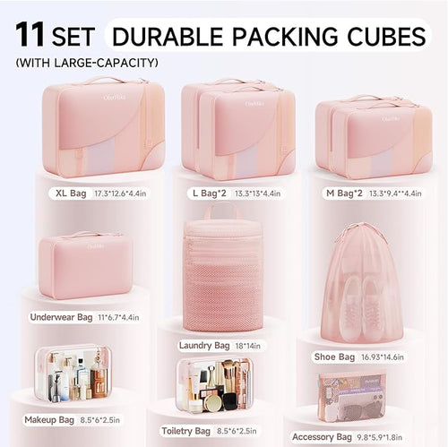 11 Set Packing Cubes for Travel, Gifts for Women Mom Kids, TSA Approved Bags for Makeup, Cosmetic, Toiletry, Suitcase Organizers for Checked Luggage, Cruise Essentials, Airplane Accessories, Pink