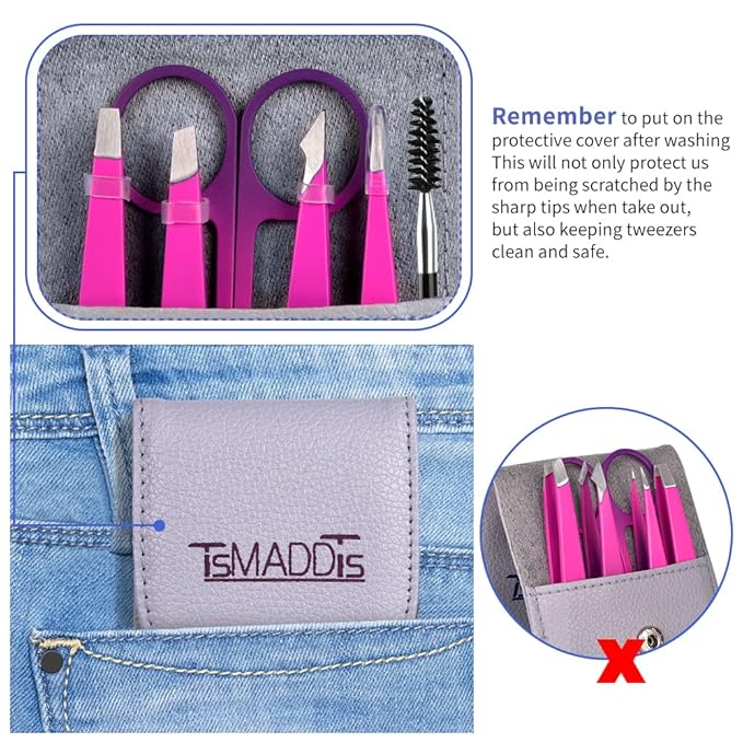 Eyebrow Tweezer Set, TsMADDTs 6 pcs Tweezers Set for Women with Curved Scissor for Ingrown Hair, Hair Plucking Daily Beauty Tools (Pink&Purple)