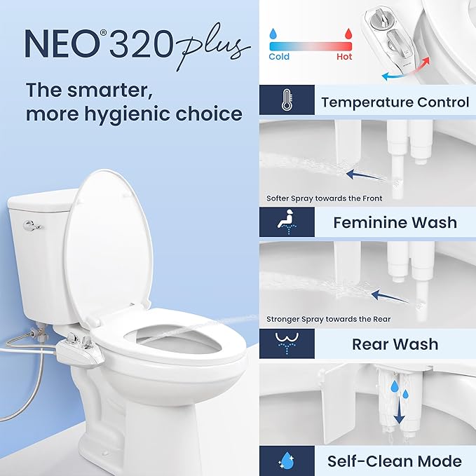 LUXE Bidet NEO 320 Plus - Warm Water, Dual Nozzle, Non-Electric Bidet Attachment for Toilet Seat, Patented Slide-In Install, 360° Self-Clean, EZ-Lift to Clean, Feminine & Rear Wash (Chrome)