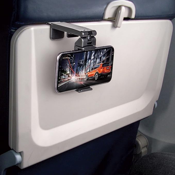 Beyond Cell Travel Accessories, Universal Seat Back Tray Table Phone Clip Holder, Adjustable Pocket Size Hands Free Phone Holder Airplane Travel Essentials Compatible with iPhone and Android