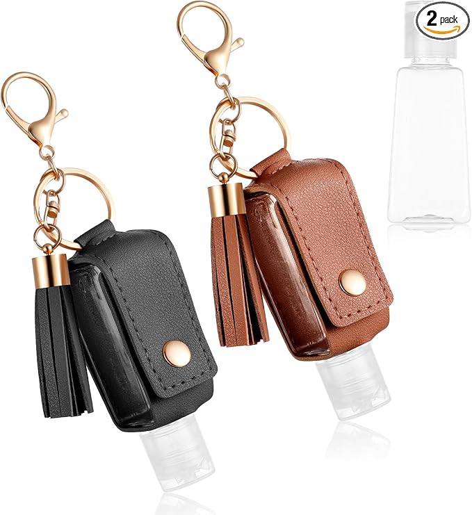Grevosea 2Pcs Hand Sanitizer Holder, 30ml Portable Leather Hand Sanitizer Travel Size Keychain Empty Squeeze Bottles Refillable Container for Toiletry Lotion Liquid Soap Shampoo (Black+Brown)