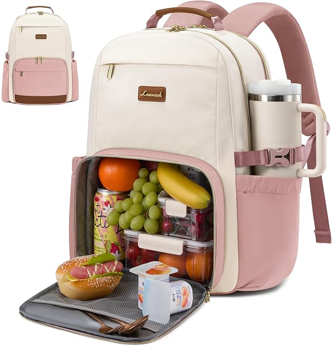 LOVEVOOK Lunch Backpack with Lunch Compartment,17 Inch Laptop Work Travel Insulated Cooler Backpack, Waterproof College Teacher Lunch Bag Box with Tumbler Holder,Gifts for Men Women,Beige-Pink-Brown