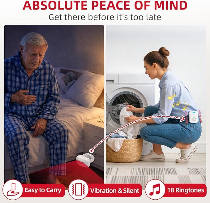 CallToU Bed Alarms for Elderly/Dementia Patients who Wander, Portable Pager & Sensor with Vibration and Silent Alert Features, Fall Prevention Alert for Home Hospital Care, Room Monitor.