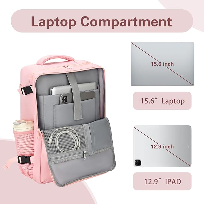 Carry On Backpack for Women & Men – Airline Approved Underseat Size, 15.6" Laptop Compartment, TSA-Friendly 180° Opening, Anti-Theft Business Travel Backpack with Trolley Sleeve (Pink, Large)