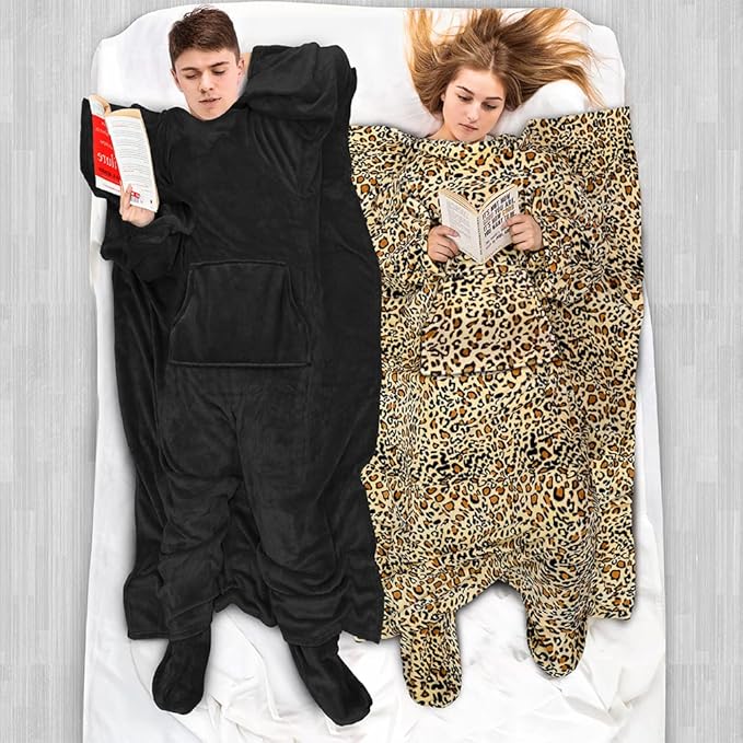 PAVILIA Fleece Blanket with Sleeves, Foot Pockets for Women Men Adults, Plush Wearable Blanket Throw Wrap, Warm Snuggle Blanket Robe, Cozy Gift Ideas Wife Mom, Cheetah Print
