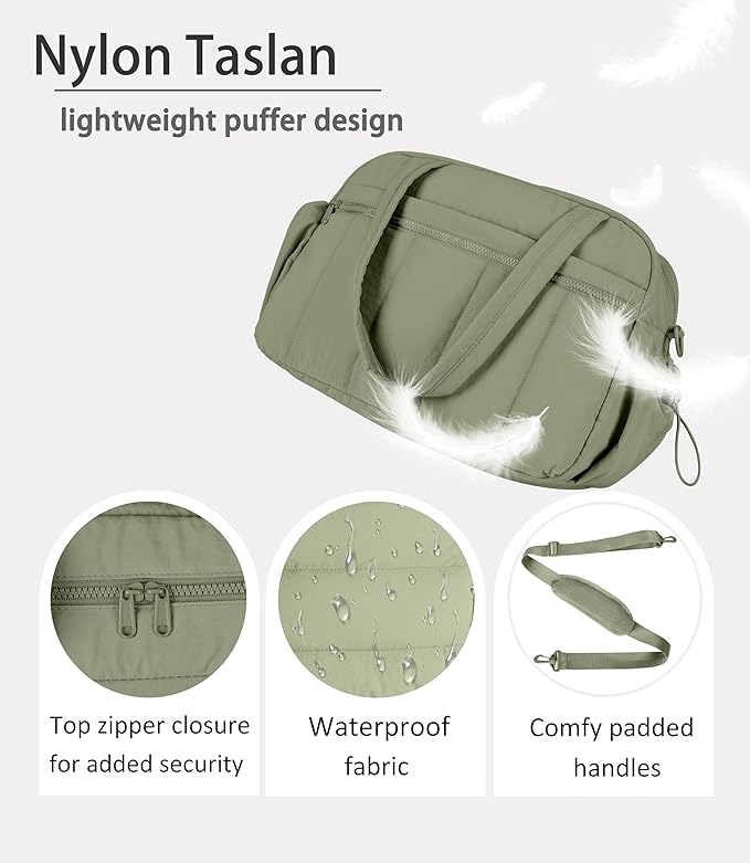 Lightweight Travel Duffle Bag for Women, Quilted Puffy Weekender with Wet Pocket for Gym, Overnight, Personal Item Carry On, Green