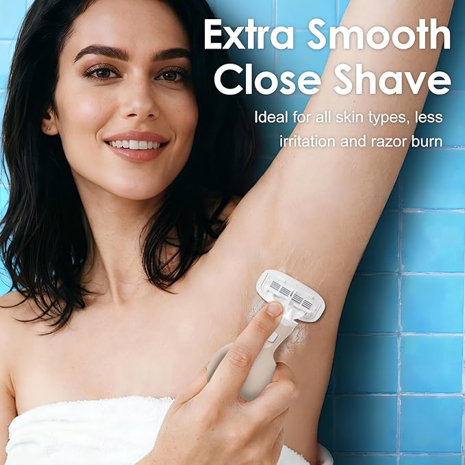 Travel Essentials Razors for Women, 5-Blade Womens Razors for Shaving, Travel Size Toiletries Women Razor Kit, Includes 1 Mini Handle with 3 Refills & 1 Case, Extra Smooth Shave (Beige)