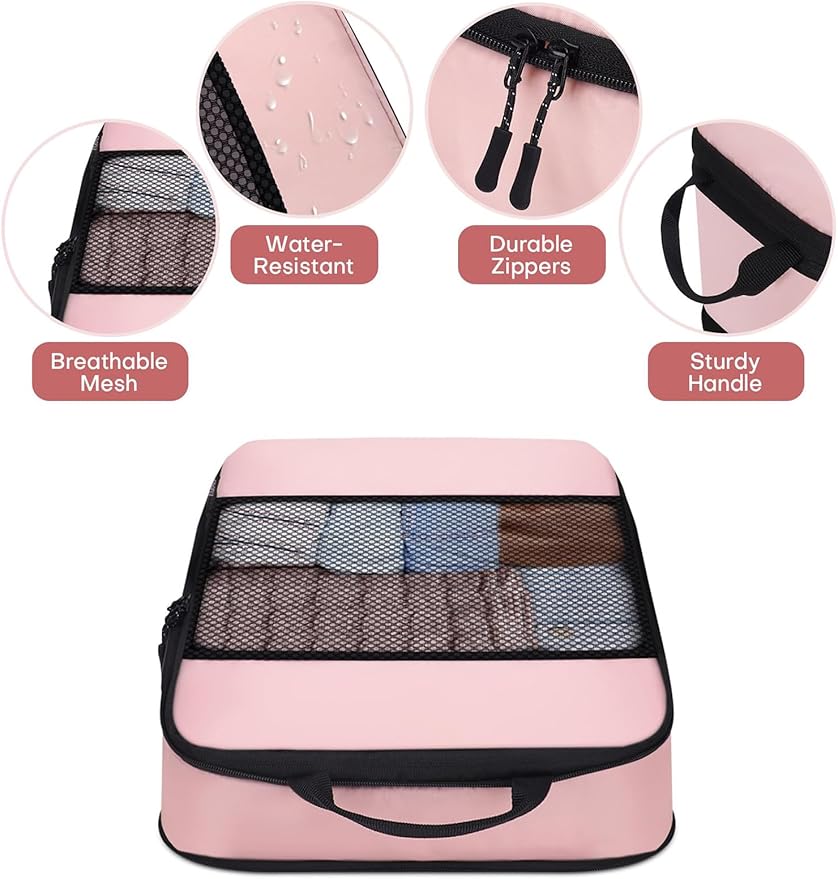 SDGFUI 6 PCS Set Compression Packing Cubes for Travel, Lightweight Packing Organizer Bags Travel Essentials for Carry On, Suitcase, Home Closet - Pink