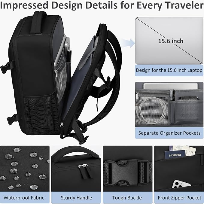 Tenot Travel Backpack for Women Men Carry on Flight Approved Lightweight 15.6 Inch Laptop Backpack Duffle College Business Work Weekender Hiking Travel Essentials Suitcase Backpack Black