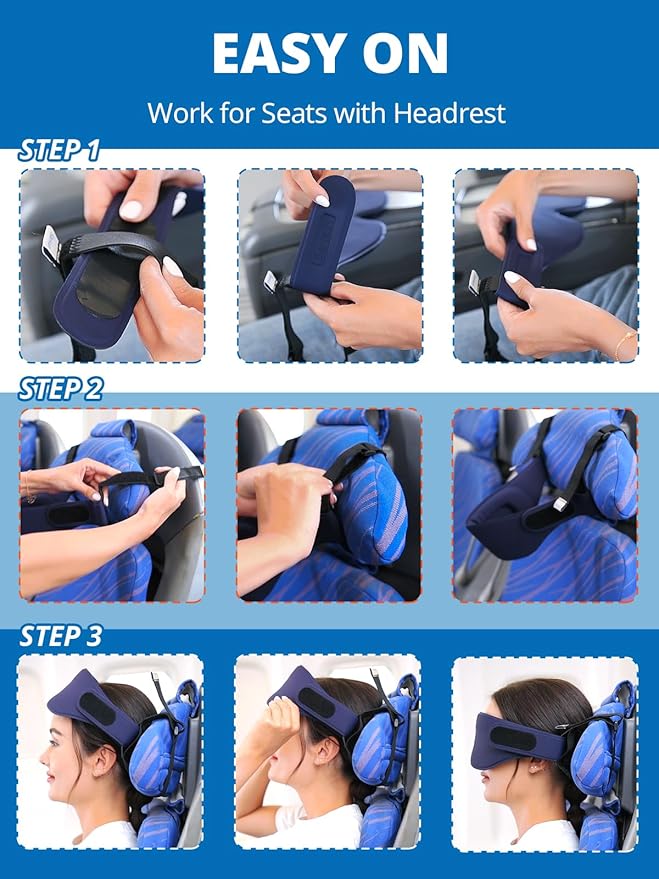 SARISUN Airplane Head Strap 3D Eye Mask, Travel Pillow Alternative for Long Flight, Travel Essentials 360° Support Sleep Head Hold, Stop Bobblehead, Ultra-Compact Lightweight, Purple