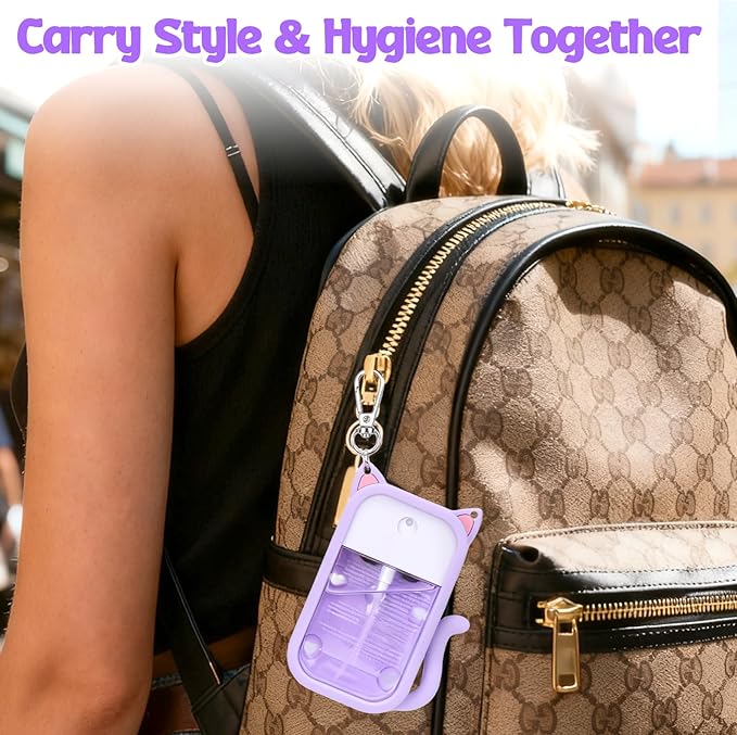 Mity rain Hand Sanitizer Spray Case Compatible With Touchland, Cute Silicone Hand Sanitizer Holder Keychain with 4 Charms, Portable Refillable Sanitizer Accessory, Gift For Women And Teens(Purple)