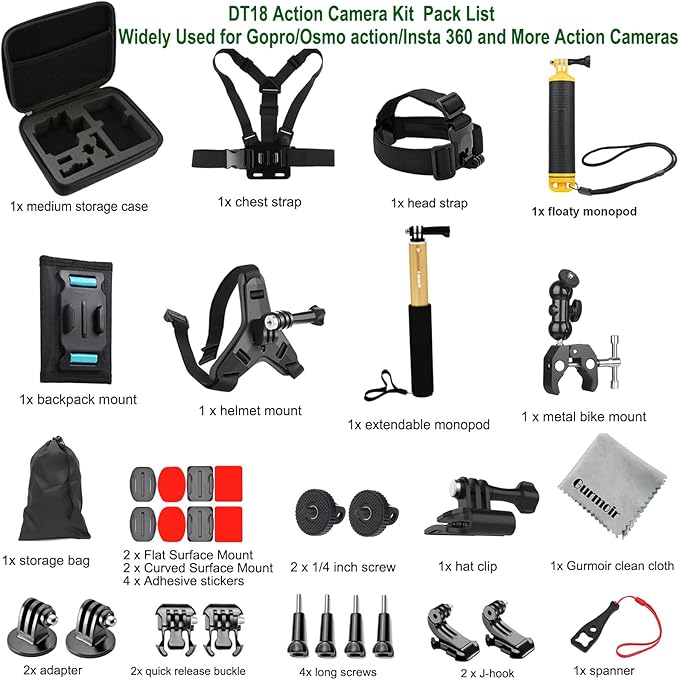 Gurmoir Accessory Kit for DJI Osmo Action 6/5 pro/4/Insta 360 X5 X4 /Go Pro Hero13 12/Gopro Max 2, Bike Mount/Hat Clip/Helmet Strap/Backpack Mount kit for Gopro/Osmo Action/Insta 360(DT18)