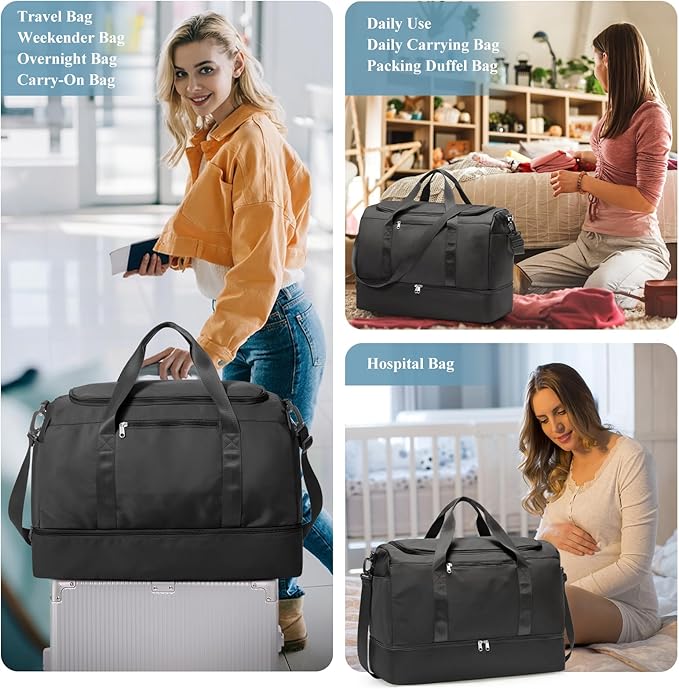 Large Travel Duffle Bag,Carry on Overnight Bag with Shoes Compartment,Weekender Bags for Women for Travel Business Trips Sport Hospital,3 Pcs Set,Black