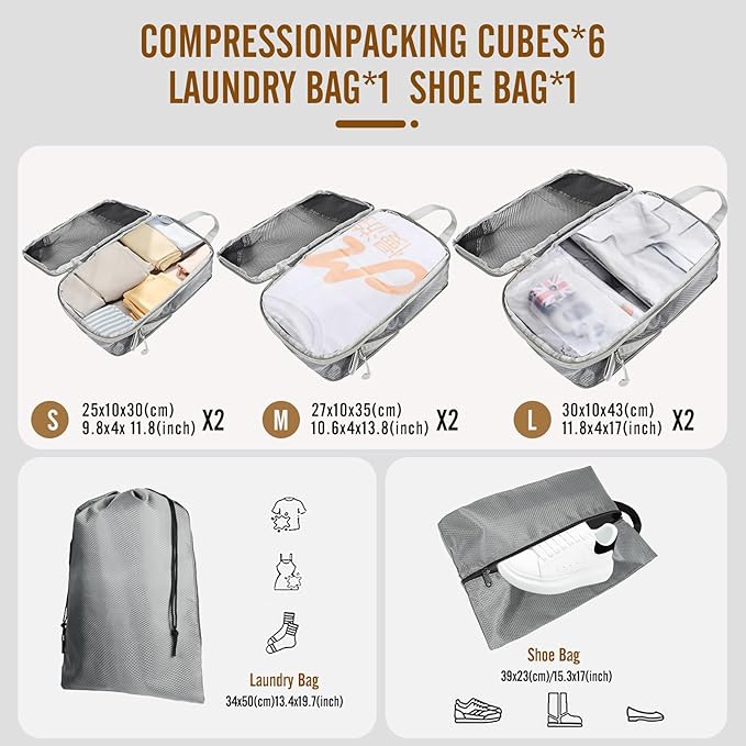 8 Set Compression Packing Cubes for Travel, Expandable Luggage Organizer with Shoe Bag & Laundry Bag - Lightweight Suitcase & Backpack Travel Essentials (Gray)