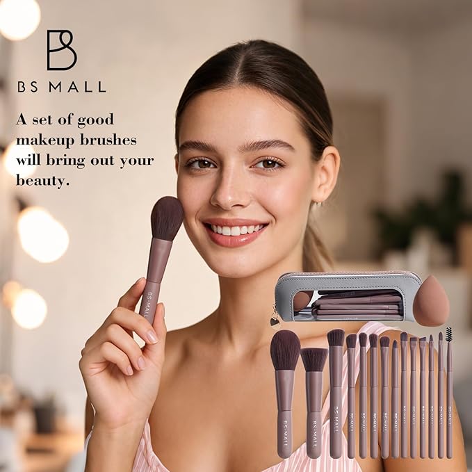 BS-MALL 14 Pcs Makeup Brushes Set with 1 Pcs Makeup Sponge – Essential Foundation Powder Concealers, Eye Shadows, Blush Makeup Brushes with Travel Makeup Case (Brown)