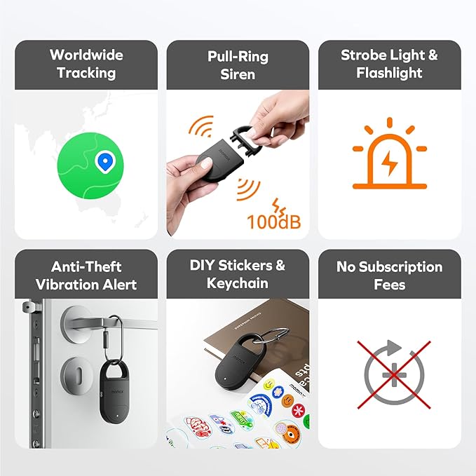 Momax Key Finder Tracker Tag – Smart Personal Alarm Rechargeable Tracking Device with SOS Alert & LED Strobe, Find My (iOS Only), Anti-Lost Tags with Keychain, Travel Gadget for Women, Girls, Black