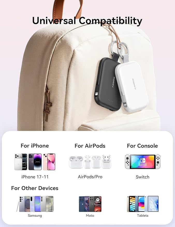 RORRY Portable Charger, 5000mAh Portable Charger Power Bank with Built-in Cables, Travel Keychain Charger Battery Pack for iPhone 17/16/15/14/13/12, for AirPods 2/3/4/Pro, Blue