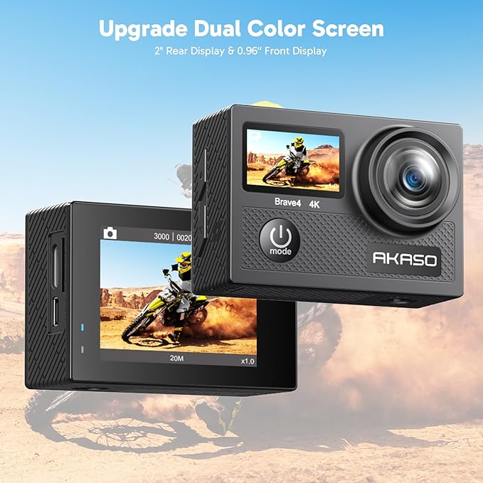 AKASO Brave 4 Action Camera with 256GB MicroSDXC U3 Card 4K30FPS 20MP Ultra HD 131FT Waterproof Underwater Camera EIS WiFi Remote Control 5X Zoom Sport Camera with Motorcycle Bicycle Accessories Kit