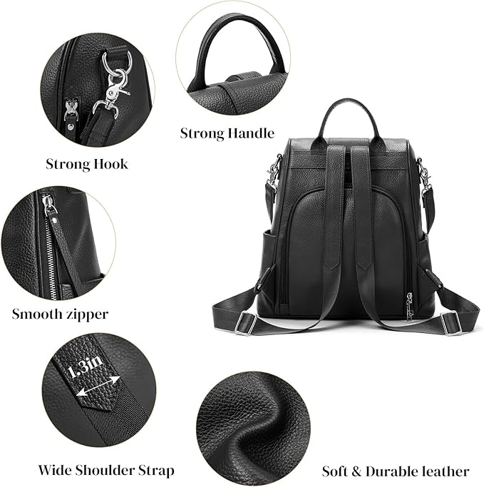 Leather Backpack Purses, Anti-theft Genuine Leather Backpack Bags for Women, Large Capcacity Fashion Convertible Shouler Bags for School Travel Daily