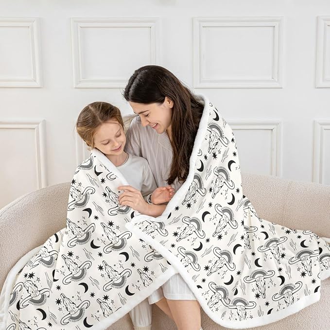 Western Cowboy Kids Throw Blanket,Cow Skull Cactus Tropical Plants Bed Blanket for Girls Boys Adults,Rainbow Moon Starry Sky Fleece Blanket,Rustic Chic Fuzzy Blanket,Twin Size (60 x 80 Inches)