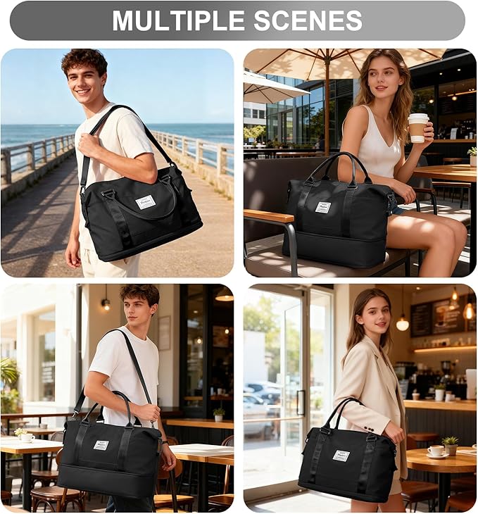 Travel Duffel Bag, 18x14x8 Inches Travel Bag Spirit with Shoes Compartment, Weekender Overnight Bag for Women with Trolley Sleeve, Carry On Bag for Airplanes Sport Tote Gym Bag (Black).