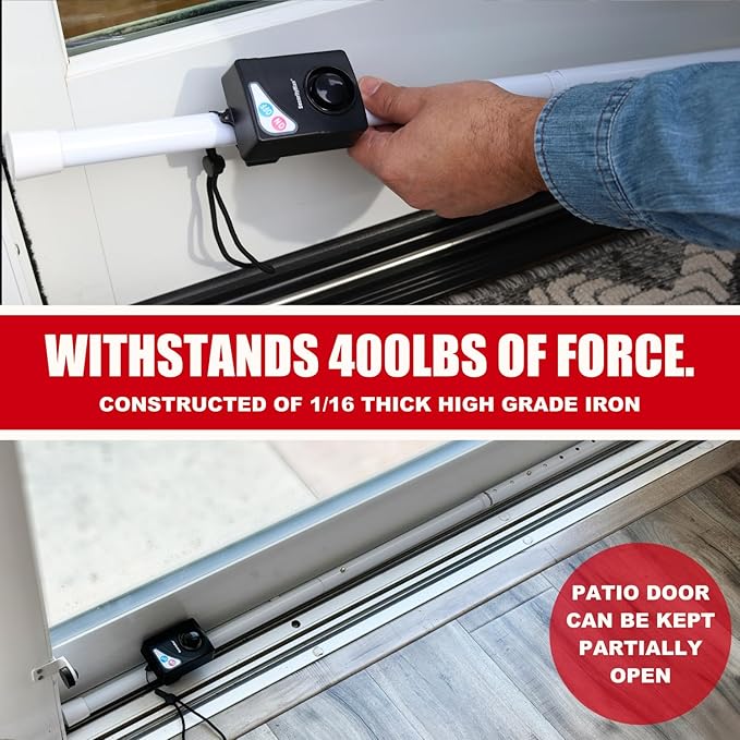 Securityman Door Security Bar with Alarm (Detachable) - 120dB Siren Door Stopper Alarm - Adjustable Jammer & Patio Bar - Strong, Withstands 400lbs - Home Protection