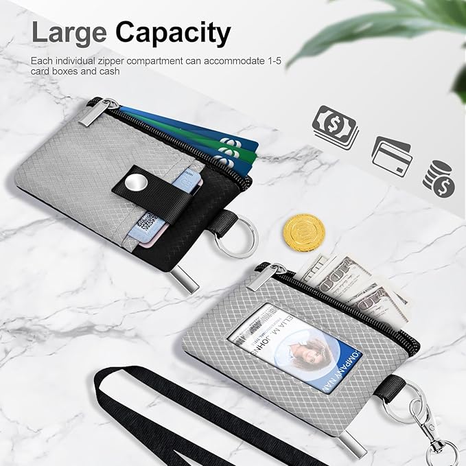Minimalist RFID Blocking Small Wallet with ID Window,WaterResistant Zip Id Case Wallet with Lanyard Keychain for Cards,Cash,Travel,Women,Men (Light gray/Dark blue)