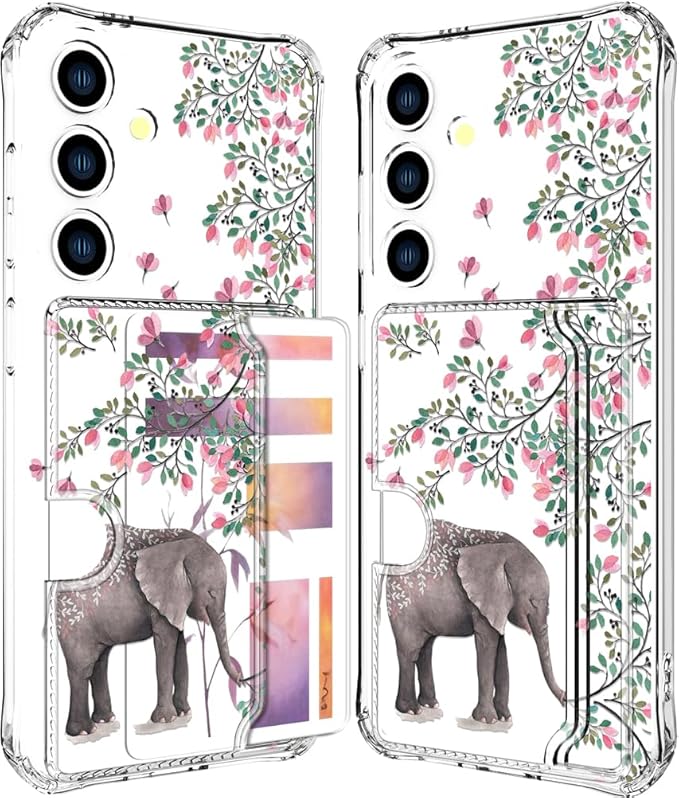Compatible with Samsung Galaxy S24+ Plus / S25+ Plus Case Card Holder for Women Cute Design,Wallet Phone Cases Transparent Cool Kawaii Protective (Clear Elephant Flowers)