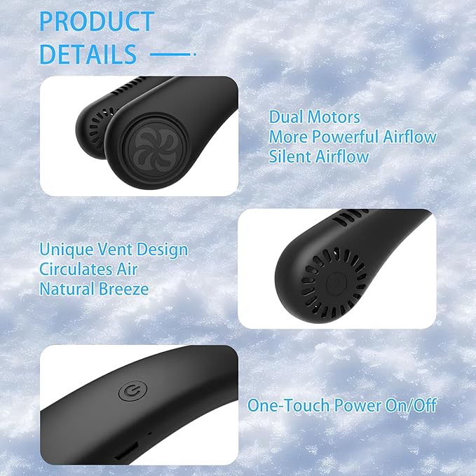 Hands-Free Neck Fan, Personal Portable Fan 3 Speeds, Bladeless Display, Stereo Airflow Personal Cooling Fan for Outdoor, Sports, Travel, Office, Makeup (Black)