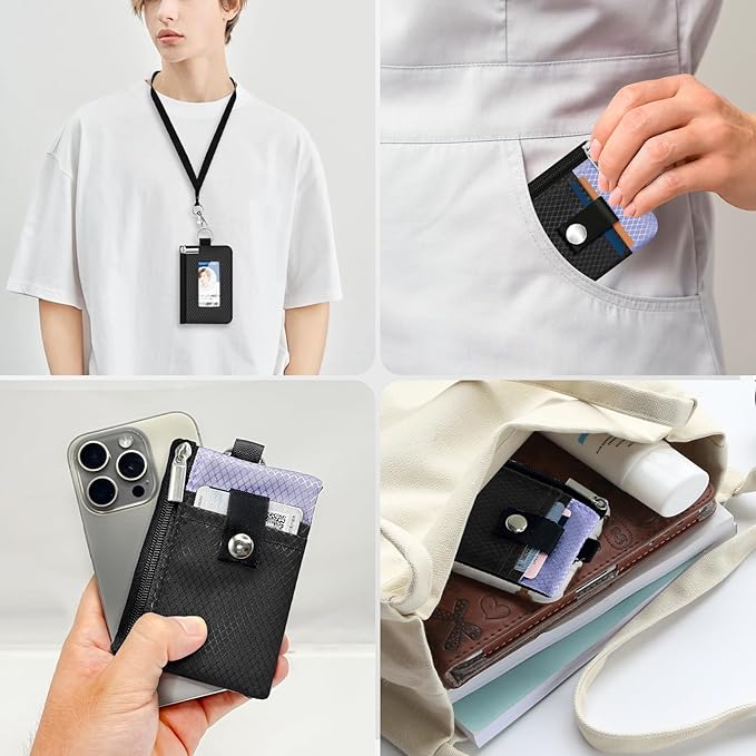 Minimalist RFID Blocking Small Wallet with ID Window,WaterResistant Zip Id Case Wallet with Lanyard Keychain for Cards,Cash,Travel,Women,Men (Black/Lavender Purple)