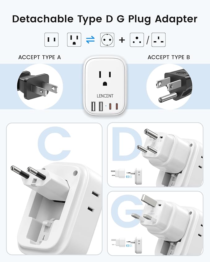 LENCENT Type C and Type D G Universal Travel Adapter Kit, International Power Plug Adapter for Europe UK Maldives Italy Ireland Scotland Dubai Singapore India Sri Lanka Tanzania Zanzibar Kuwait Nepal