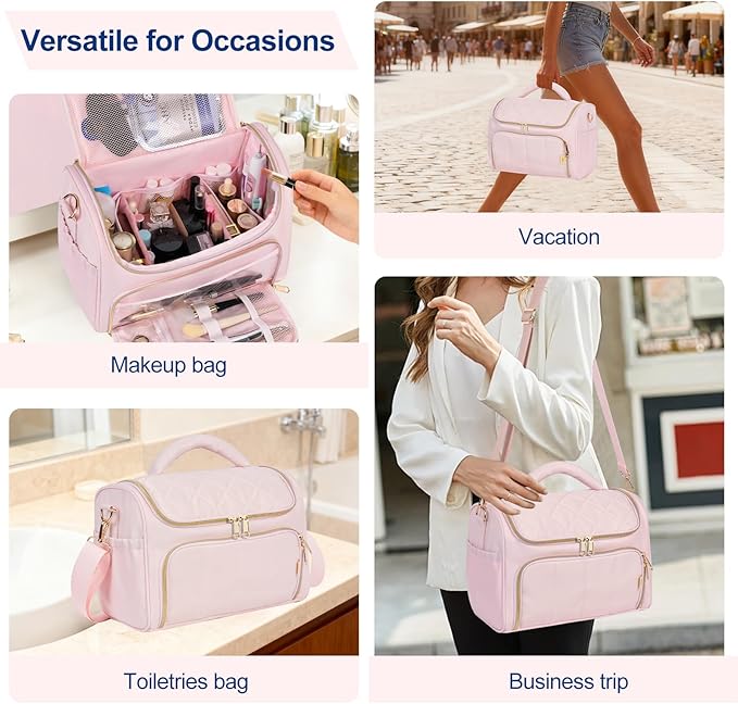 GR69N Travel Toiletry Bag Large Cosmetic Makeup Bag Organizer for Women,Wide-open Make Up Bag Waterproof Makeup Case Travel Bag with Handle and Dividers for Toiletries,Essentials,Accessories,LT Pink