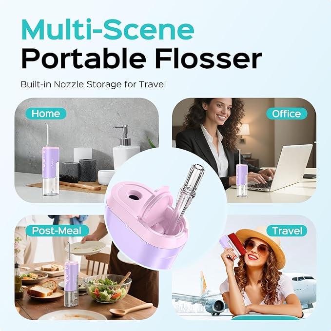 COSLUS T40 Mini Water Flosser for Travel: Portable Compact Design, Cordless Oral Irrigator with 4 Jet Tips, Removable Tank & IPX7 Waterproof for Braces, Sensitive Teeth & On-The-Go Use, Pink Purple