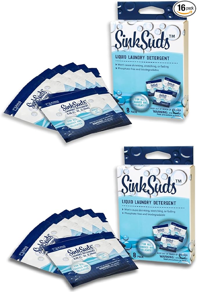 SinkSuds Travel Laundry Detergent Liquid Soap + Odor Eliminator for All Fabrics Including Delicates, Sink-Packets, 0.25 Fl Oz (Pack of 16)