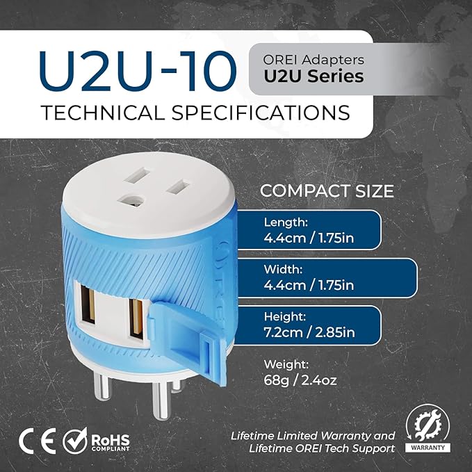 OREI 3 in 1 India Plug Adapter (Type D Travel Adapter) with 2 USB Inputs and 1 Type B Input – CE & RoHS Certification - Plug Adapter for Maldives, Nepal, India, Bangladesh, Sudan & More