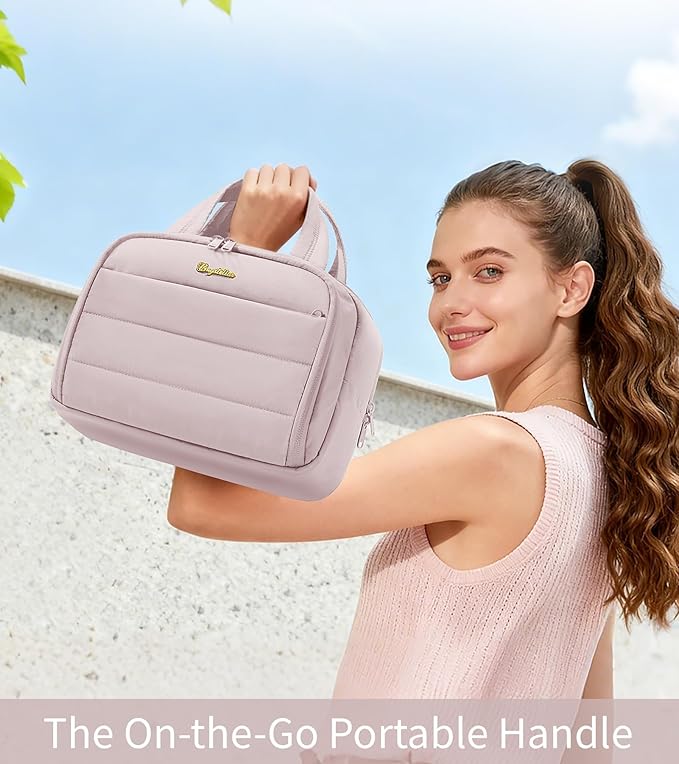 Bagstellar Travel Toiletry Bag for Women, Lightweight Large Quilted Puffy Makeup Bag Wide-open Make up Organizer Cloud Cosmetic Bag w/Handle for Traveling Toiletries Essentials Accessories Light Pink