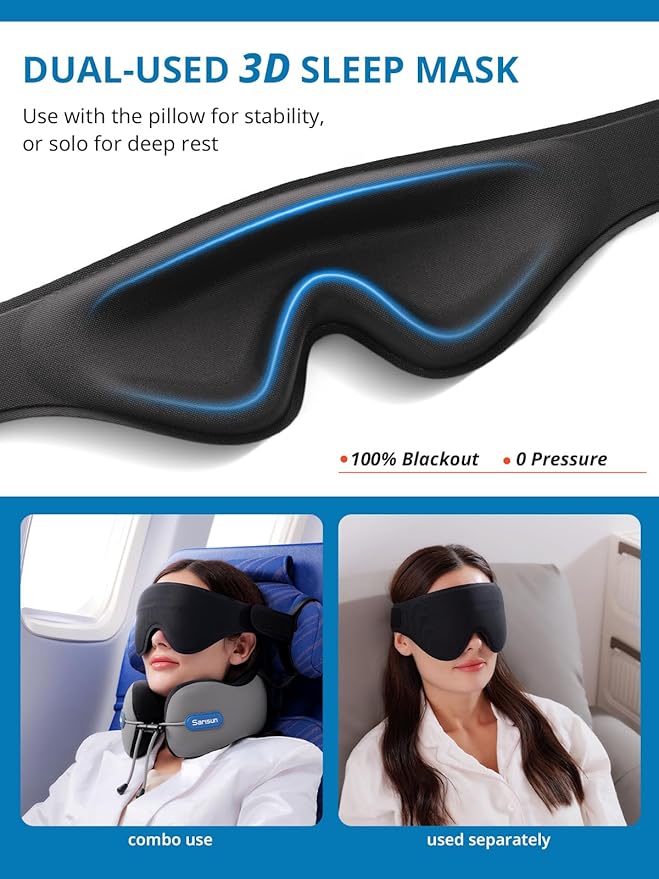 SARISUN Neck Pillow Airplane,Travel Pillow with Strap, Combo with 3D Eye Mask for Sleep, Dual-Density Supportive Foam Airplane Pillow for Long Flights, Car Road Trip Travel Essentials Beige