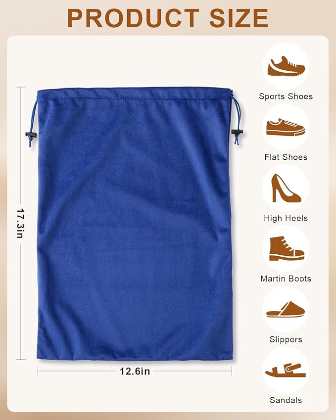 FantasyLife Shoe Bags for Travel, Washable Dust Bags for Storage & Packing, Flannel Shoe Pouch with Drawstring Closure for Purses, Handbags, Shoes & Toys (2, Palace Blue, 17.3"x12.6")