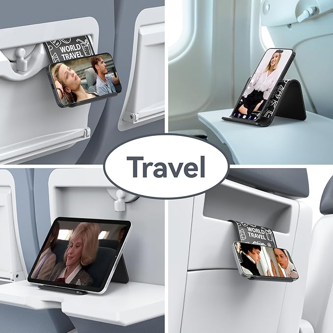 Airplane Phone Holder Mount, Travel Essentials Flexible Phone Holder, Airplane Tablet Holder for Flying, Desk, Compatible with iPhone, Smartphone, Tablet (White Silk Screen)