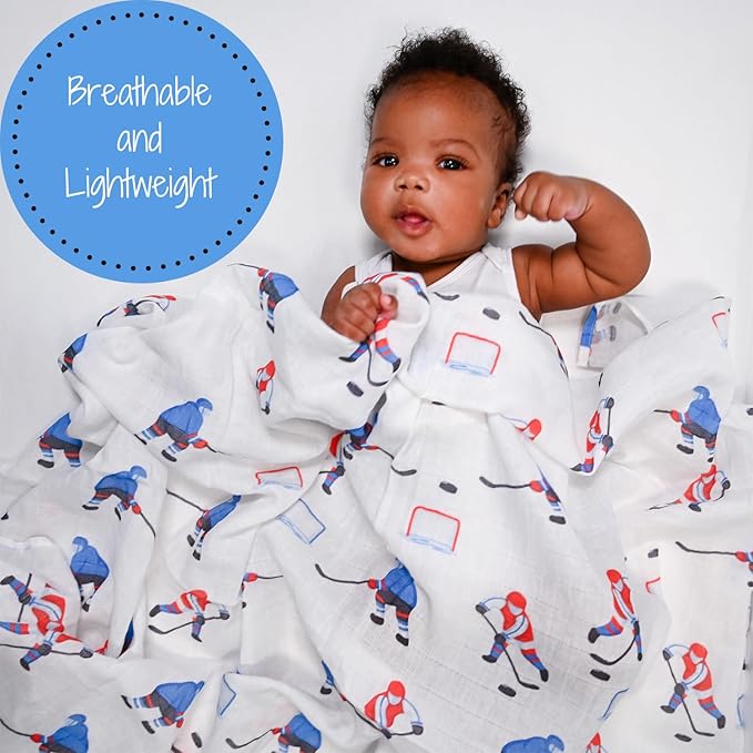 LollyBanks Swaddle Blanket 100% Muslin Cotton, 47 x 47 inches Soft Breathable Muslin Baby Swaddles for Boys, Baby Essentials, Registry and Gift (Ice Hockey Print), Pass, Shoot, Score