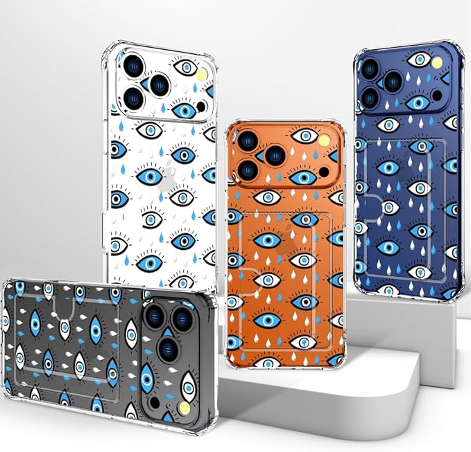 Compatible with iPhone 17 Pro Max Case Card Holder for Women Cute Design,Wallet Phone Cases Transparent Cool Kawaii Protective (Clear Blue Evil Eyes)